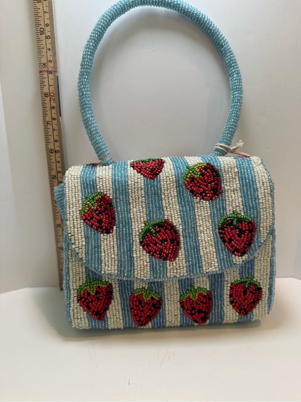 * Beaded Strawberry Top-Handle or Crossbody Bag in Blue & White Stripes